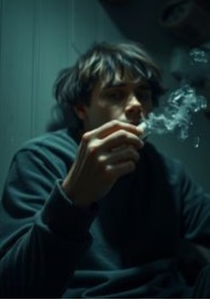 Joven fumando marihuana en la penumbra